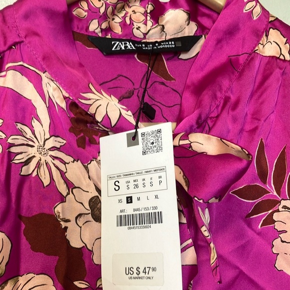 NWT Zara Fuchsia Floral Blouse with bow - Picture 2 of 6